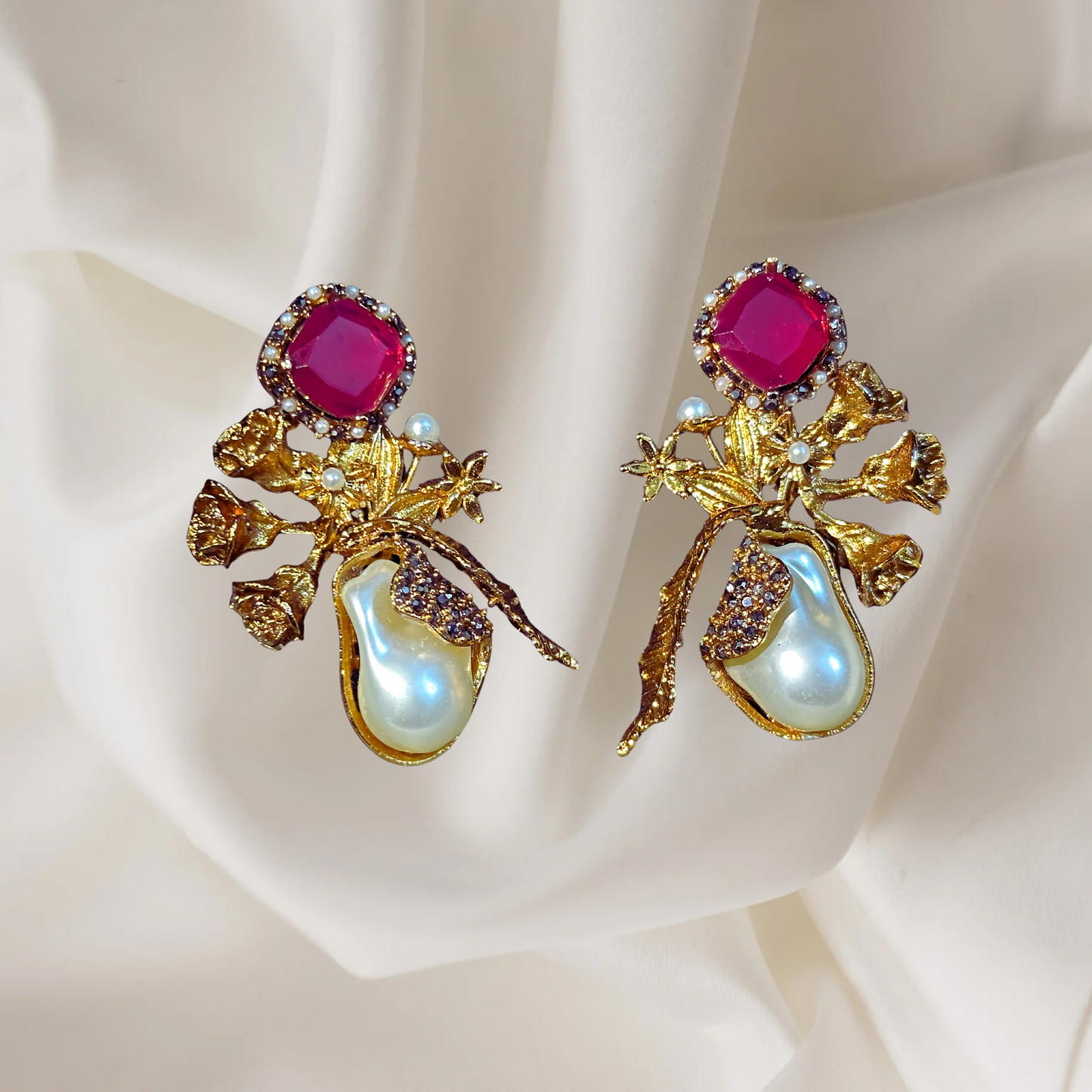 Radiant Ruby Antique Gold Earrings