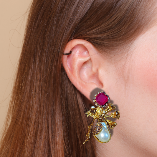 Radiant Ruby Antique Gold Earrings